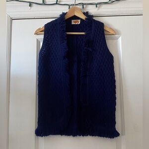Origiknits Inc. Vintage Blue Knitted Fringe Trim Vest
